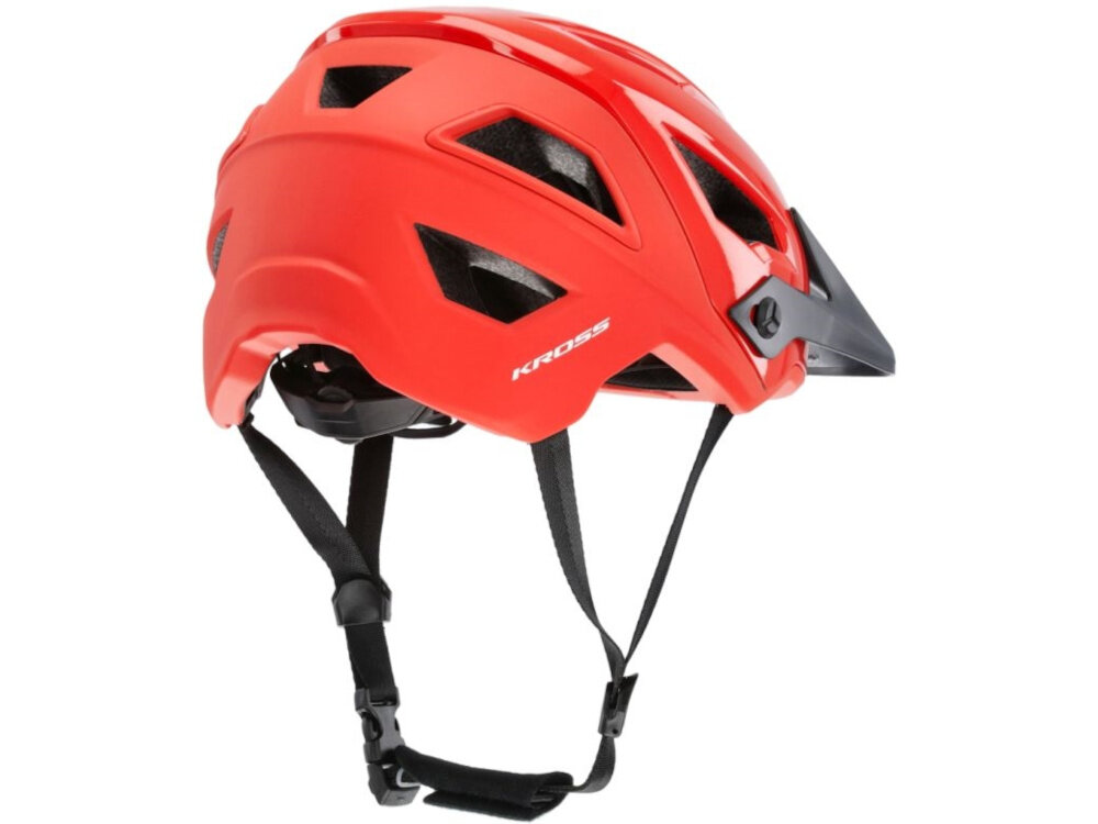 Kask rowerowy KROSS Saltare Czerwony MTB (rozmiar M) kask na białym tle widoczny od tyłu pod skosem homologacja EN 1078:2012+A1:2012 i NF EN 1078+A1:2013 zgodność z obowiązującymi standardami bezpieczeństwa sprzęt chroni głowę zgodnie z międzynarodowymi wymogami