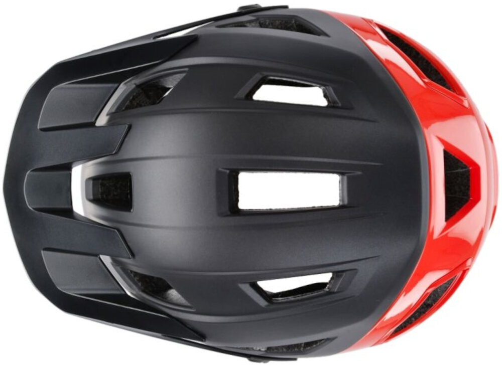 Kask rowerowy KROSS Saltare Czarny MTB (rozmiar M) kask na białym tle widoczny z góry technologia double Inmold wytrzymała skorupa ABS lekki wkład EPS wysoka odporność na uderzenia niska wagi około 320 g redukuje nacisk na głowę