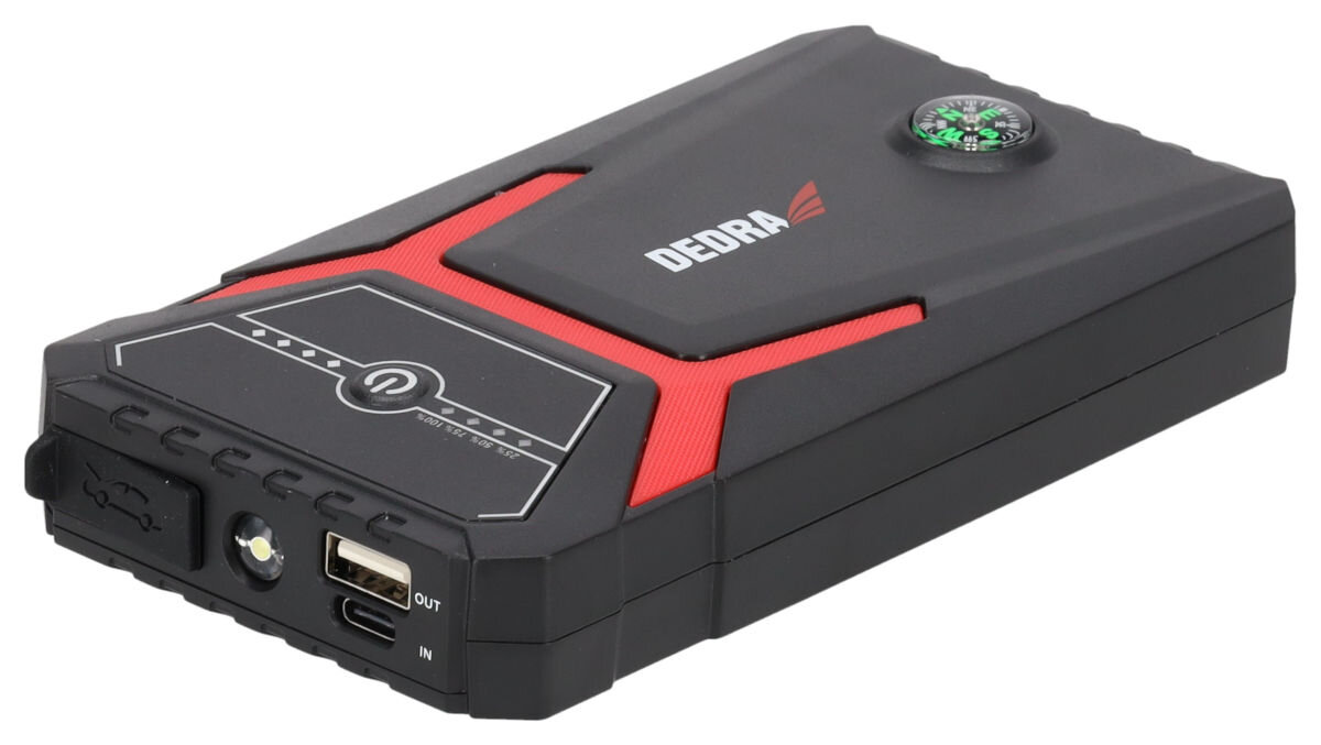 Powerbank DEDRA DEPP0800 Jump Starter 8000 mAh Czarny, ochrona, bezpieczeństwo, kontrola, wskaźnik, Widok z góry na booster DEDRA z kompasem