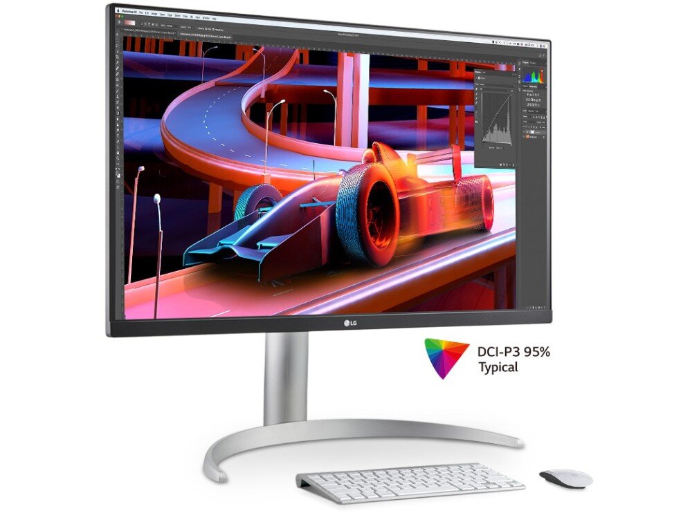 Monitor LG 27UP850K-W Monitor na biurku wyświetla kolorową grafikę trójwymiarowego toru i samochodu wyścigowego, obok leży klawiatura i mysz, a w rogu znajduje się symbol spektrum kolorów z napisem 'DCI-P3 95% Typical', przekątna, rozdzielczość, kolory, kalibracja