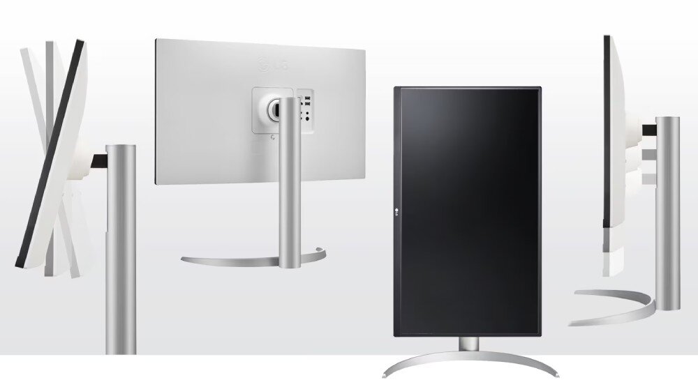 Monitor LG 27UP850K-W Zestaw zdjęć pokazuje monitor z różnych stron, w tym widok z tyłu, z boku i w pozycji pionowej, z zaznaczoną możliwością regulacji pochylenia, podstawa, ergonomia, powłoka ekranu