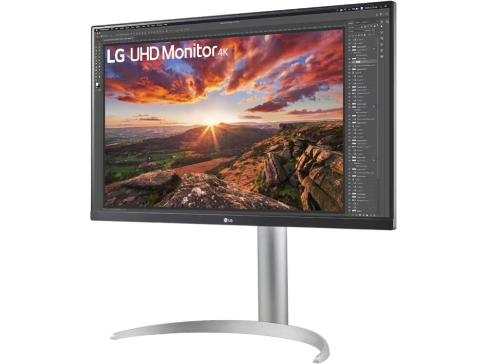 Monitor LG 27UP850K-W Zestaw zdjęć pokazuje monitor z różnych stron, w tym widok z tyłu, z boku i w pozycji pionowej, z zaznaczoną możliwością regulacji pochylenia, kolor, obudowa, mocowanie VESA