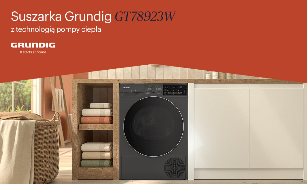 SUSZARKA GRUNDIG GT78923W wizualizacja Zdjęcie pokazuje suszarkę Grundig w zabudowie meblowej w stylowym wnętrzu hasło reklamowe model