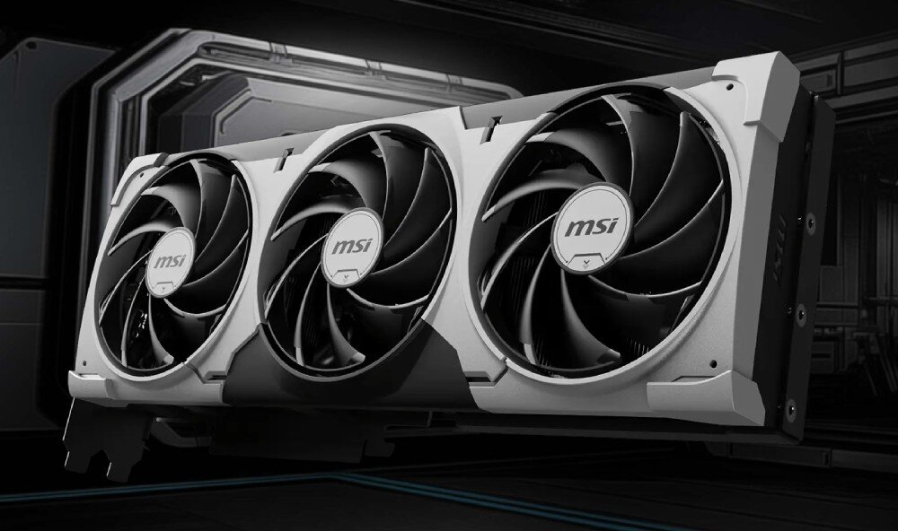 Karta graficzna MSI GeForce RTX 5080 Ventus 3X OC 16GB Karta graficzna MSI GeForce RTX 5080 Ventus 3X OC z trzema wentylatorami na froncie, umieszczona na futurystycznym ciemnym tle