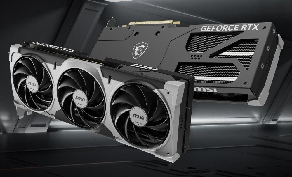 Karta graficzna MSI GeForce RTX 5080 Ventus 3X OC 16GB Widok karty graficznej MSI GeForce RTX 5080 z dwóch perspektyw: z przodu i z tyłu, prezentujący chłodzenie oraz metalową płytę tylną z logo MSI