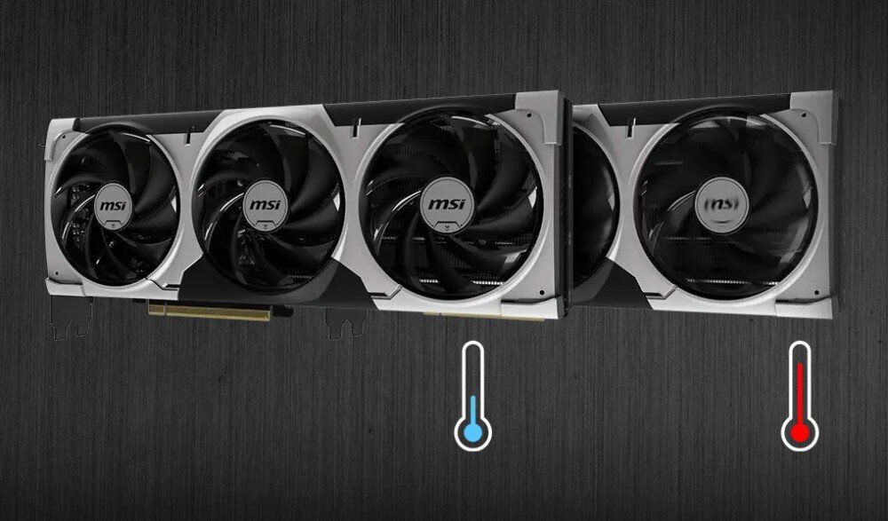 Karta graficzna MSI GeForce RTX 5080 Ventus 3X OC 16GB Grafika przedstawiająca porównanie pracy wentylatorów w zależności od temperatury, z ikonami termometrów wskazującymi tryb chłodzenia i pełnego obciążenia