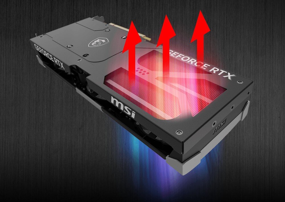 Karta graficzna MSI GeForce RTX 5080 Ventus 3X OC 16GB Widok tylnej części karty graficznej MSI, z czerwonymi strzałkami symbolizującymi odprowadzanie ciepła przez metalową płytę tylną