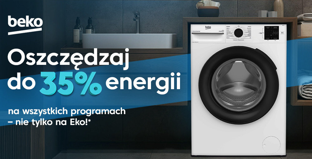 PRALKA BEKO BM1WFU39225WPB SERIA B100 baner lifestyle łazienka front zamknięta panel pokrętło programy LOGO tytuł