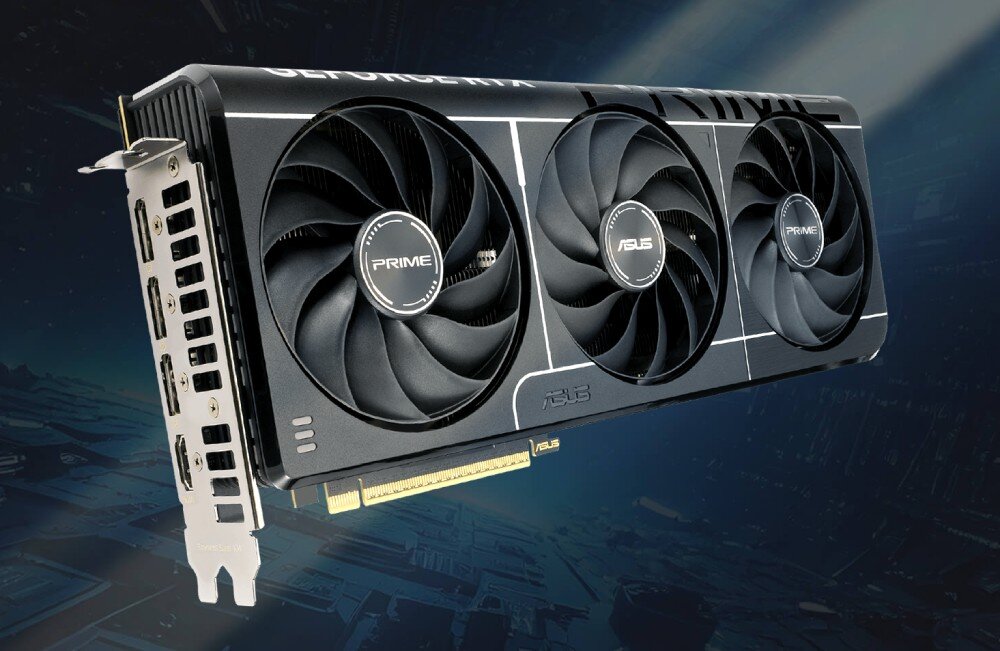 Karta graficzna ASUS Prime GeForce RTX 5070 Ti 16GB Karta graficzna z trzema dużymi wentylatorami osadzonymi w czarnej obudowie z białymi akcentami, opis