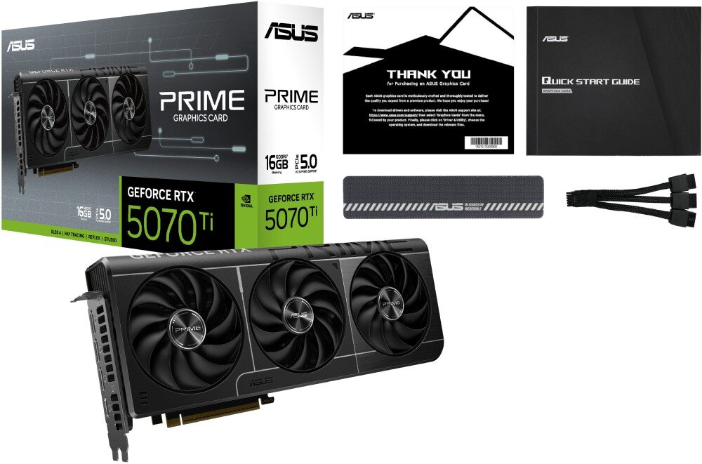 Karta graficzna ASUS Prime GeForce RTX 5070 Ti 16GB Zdjęcie zestawu - karta, adapter zasilania oraz dokumentacja - na białym tle