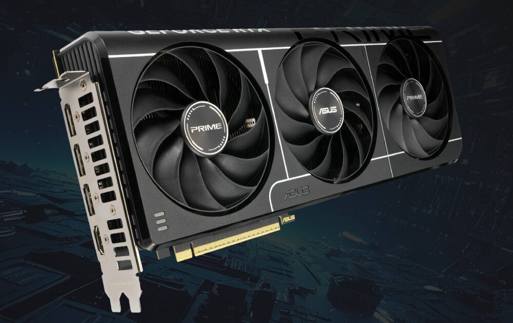 Karta graficzna ASUS Prime GeForce RTX 5070 Ti OC 16GB Ujęcie karty z widocznymi portami wyjściowymi HDMI i DisplayPort oraz stalowym mocowaniem, zapewniającym trwałość