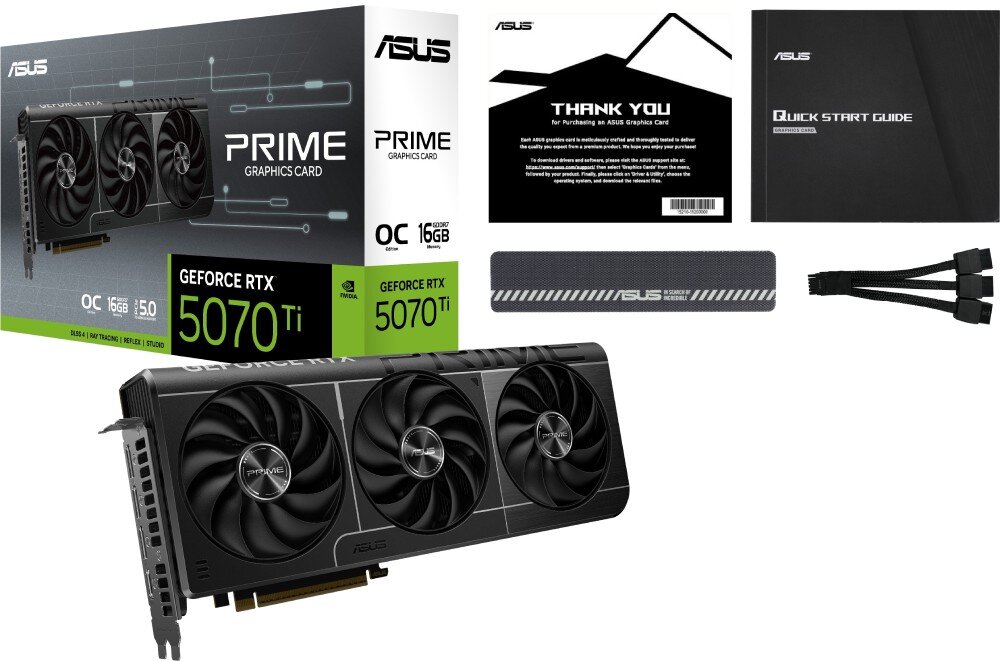 Karta graficzna ASUS Prime GeForce RTX 5070 Ti OC 16GB Zdjęcie zestawu - karta, adapter zasilania oraz dokumentacja - na białym tle