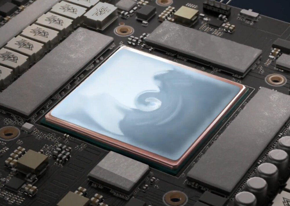 Karta graficzna ASUS Prime GeForce RTX 5070 Ti OC 16GB Zbliżenie na układ chłodzenia GPU z nałożoną pastą termoprzewodzącą, technologia MaxContact, powierzchnia styku, termopad