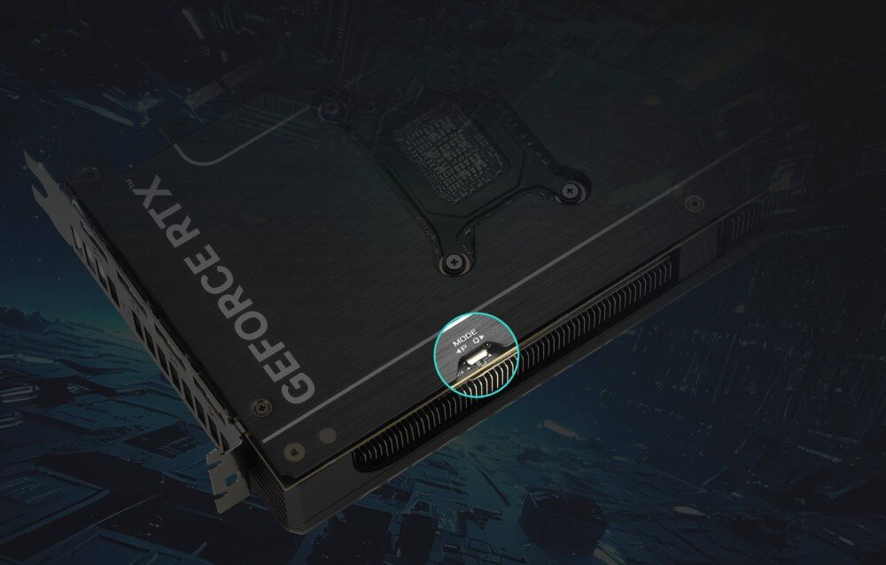 Karta graficzna ASUS Prime GeForce RTX 5070 Ti OC 16GB Widok na tylną część karty graficznej z podświetlonym przełącznikiem trybu BIOS, przełącznik BIOS, tryby