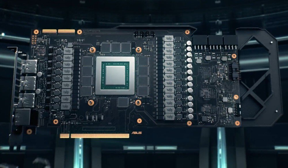 Karta graficzna ASUS TUF Gaming GeForce RTX 5080 16GB OC Edition Odsłonięta płyta PCB karty graficznej, prezentująca układ scalony, pamięć VRAM i elementy sekcji zasilania, proces produkcji, jakość, stalowy wspornik