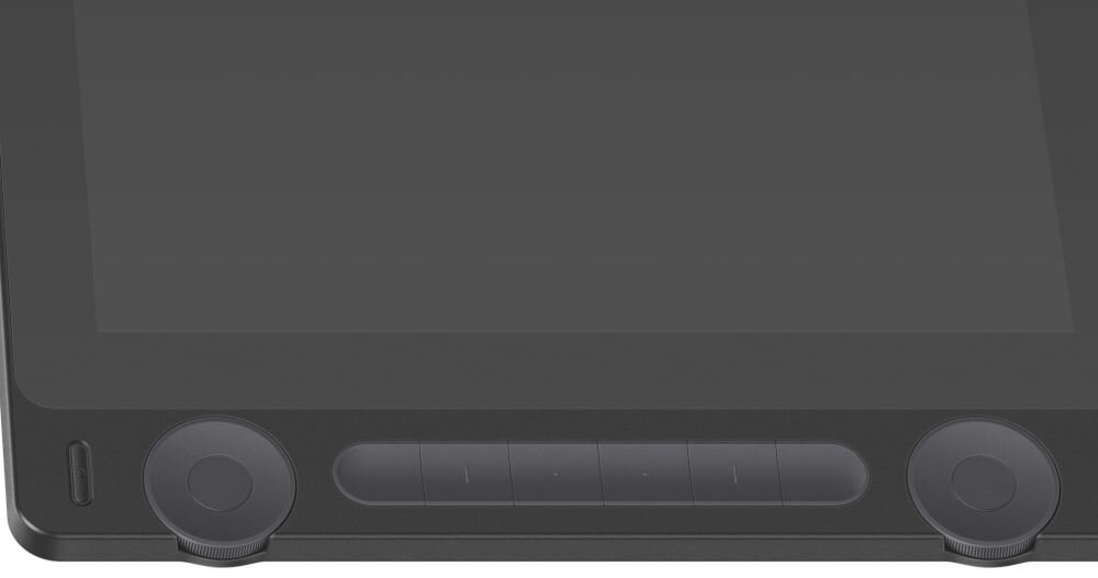 Tablet HUION Kamvas 16 gen. 3
szybki dostęp do funkcji, dwa kółka dial, sześć programowalnych przycisków, dwa przełączniki funkcyjne,
możliwość dostosowania ustawień do własnych potrzeb,
białe tło, zbliżenie na kółka Dial oraz programowalne przyciski