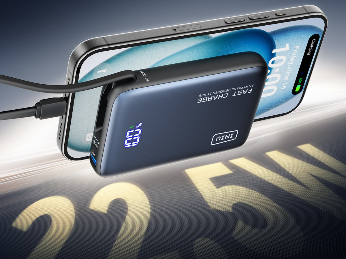INIU Pocket Power 20000 mAh szybkie ładowanie PD do 2,5 W iPhone 16 60% energii 25 minut - telefon połączony z powerbankiem