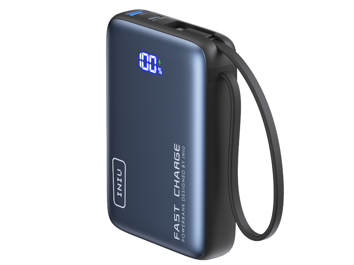 INIU Pocket Power 20000 mAh telefon, tablet i inne sprzęty podłączyć nawet do 3 urządzeń jednocześnie - powerbank pod skosem na białym tle