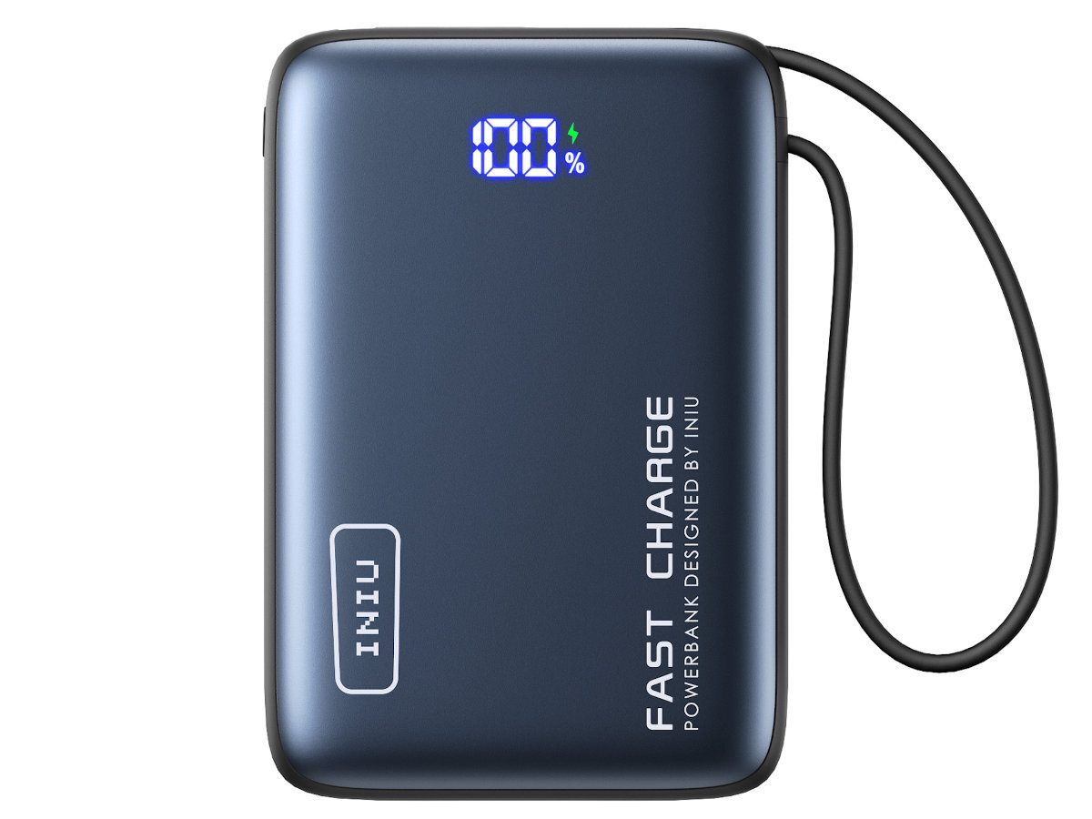 INIU Pocket Power 20000 mAh Port USB-A (OUT) telefony, tablety czy akcesoria elektroniczne USB-C (IN/OUT) szybkie ładowanie kompatybilnych urządzeń - powerbank od przodu na białym tle