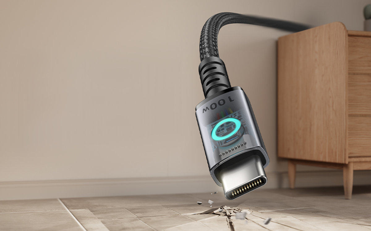 INIU Leopard 100 W Kabel USB-C/USB-C mocy wyjściowej 100 W USB-C do USB-C smartfonach, iPadach, laptopach domu, w pracy czy w podróży - kabel na tle pokoju