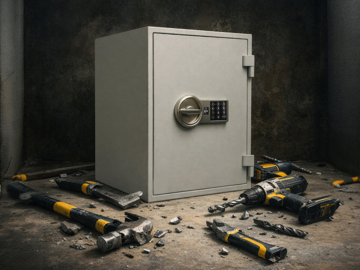 Sejf antywłamaniowy VALBERG Frs 49, sejf, S2, zamek, dokumenty, sejf stoi wśród narzędzi którymi próbowano się włamać do sejfu