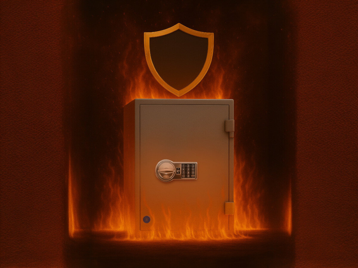 Sejf antywłamaniowy VALBERG Frs 49, ogień, LFS60P, termiczna, ochrona, sejf stoi w płomieniach pokazując jego odporność na ogień