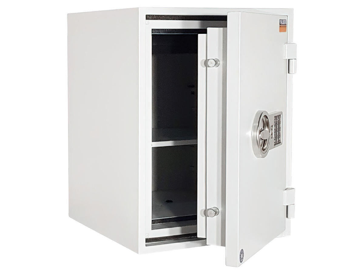 Sejf antywłamaniowy VALBERG Frs 49, kolor, szary, RAL7035, design, na białym tle sejf z lekko uchylonymi drzwiczkami frontem lewo skos