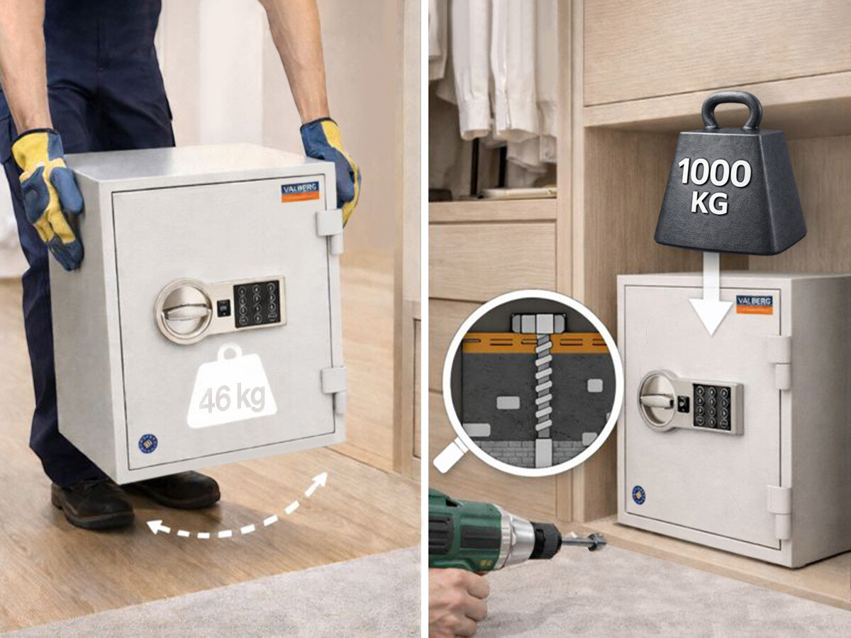Sejf antywłamaniowy VALBERG Frs 49, waga, montaż, 46kg, kotwienie, wizualizacja montażu i odciągu sejfu po montażu