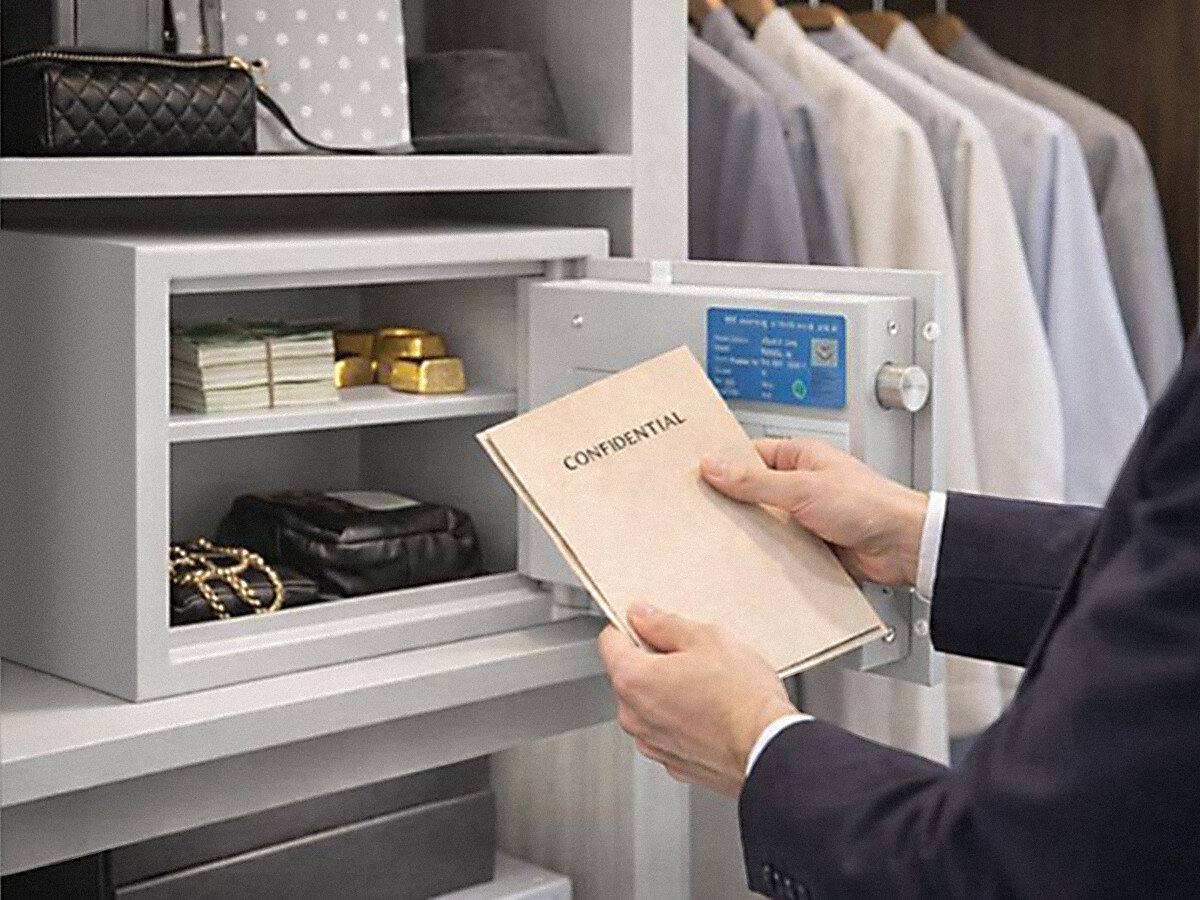 Sejf antywłamaniowy VALBERG Arsenał 25 KL, schowek, ochrona, precjoza, medal, osoba trzyma dokumenty przed sejfem