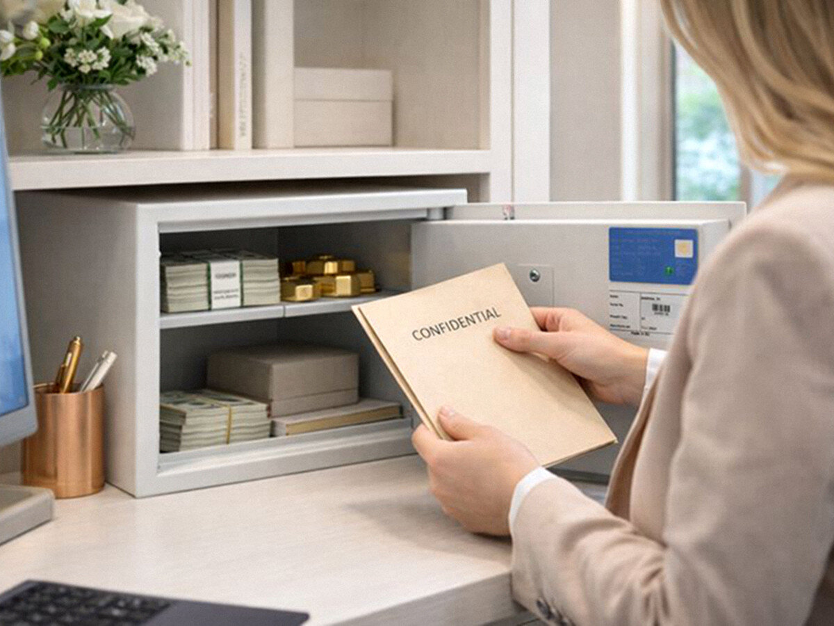 Sejf antywłamaniowy VALBERG Arsenał 25 KL, półka, zamek, kluczowy, broń, kobieta trzyma dokumentacje przy otwartym sejfie