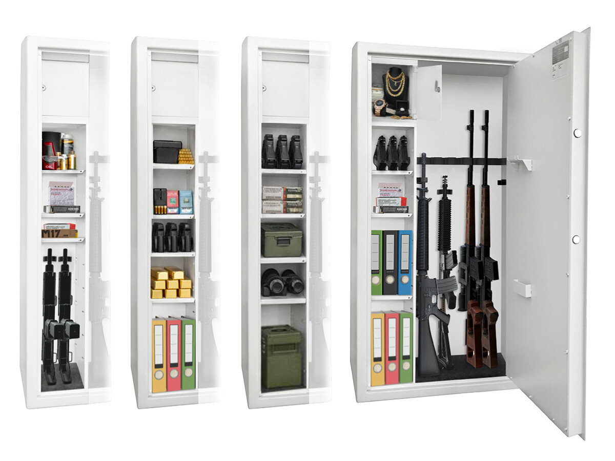 Sejf na broń VALBERG Arsenał 1253 KL  , komora, półki, magnetyczne, uchwyty, Różne modele czarnych sejfów na broń otwarte, pokazujące półki z bronią, amunicją, dokumentami i złotem.