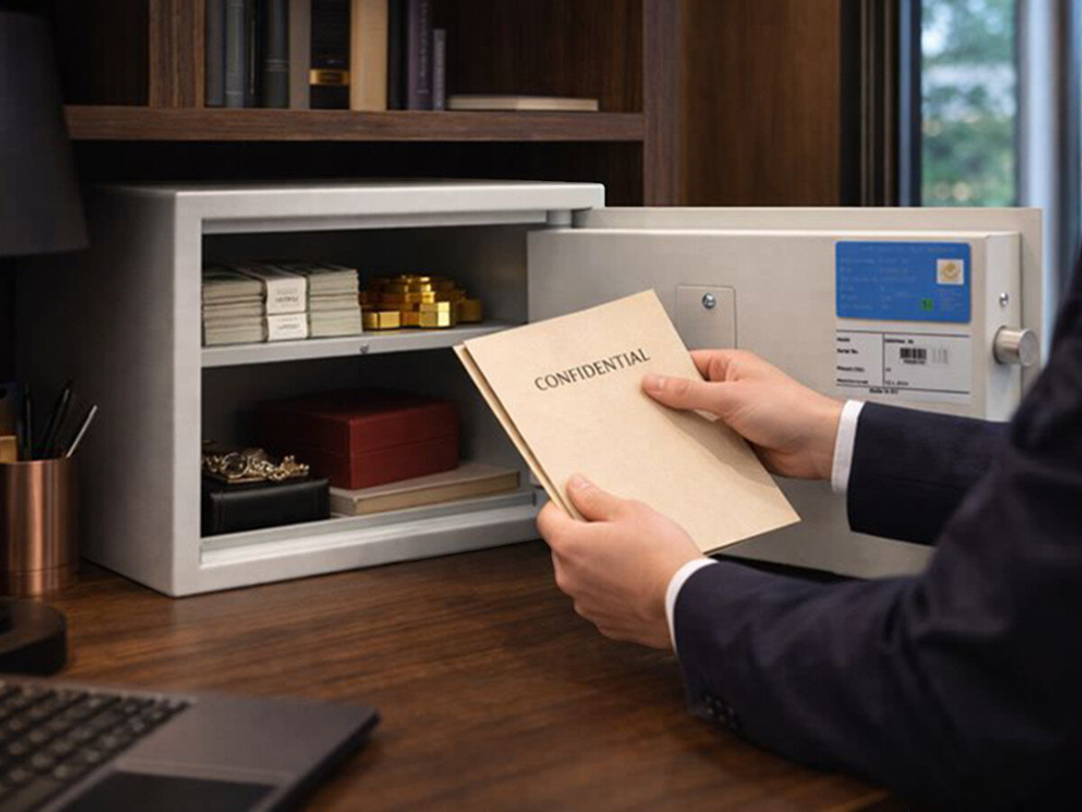 Sejf antywłamaniowy VALBERG Arsenał 30 KL, schowek, ochrona, precjoza, medal, osoba trzyma dokumenty przed sejfem