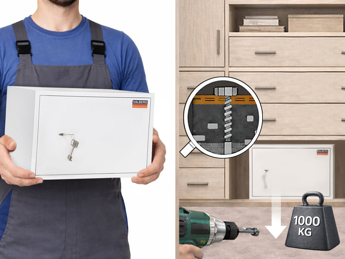 Sejf antywłamaniowy VALBERG Arsenał 30 KL, montaż, kotwy, stabilizacja, M12, 2 zdjęcia w 1 przedstawiające montaż sejfu