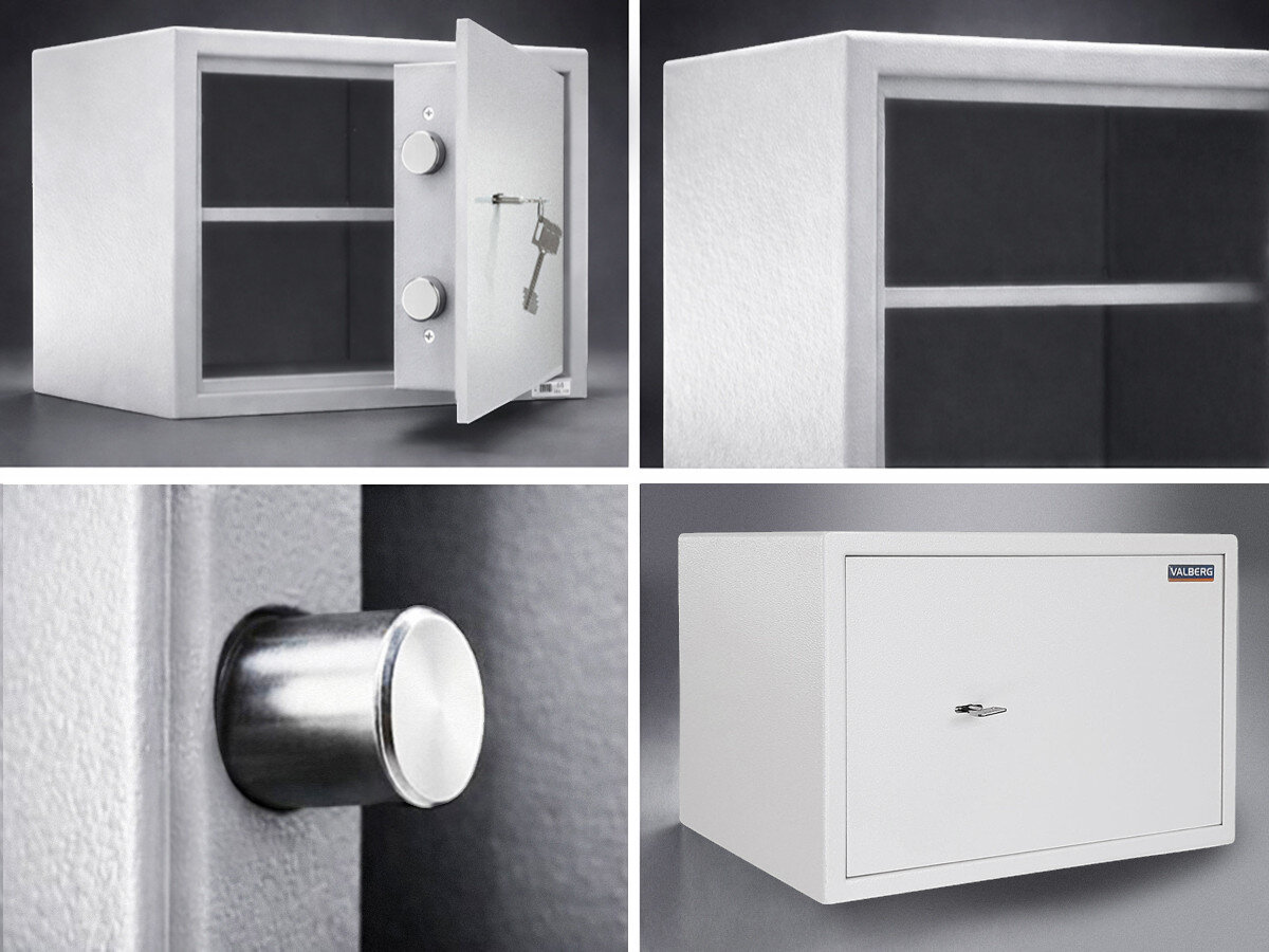 Sejf antywłamaniowy VALBERG Arsenał 30 , stal, rygle, relocker, zabezpieczenie, 4 zdjęcia w 1 przedstawiające sejf z różnych perspektyw
