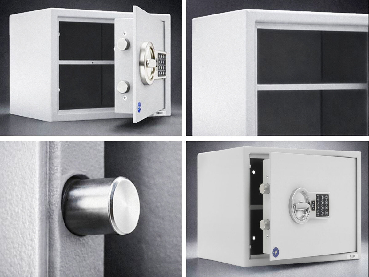Sejf antywłamaniowy VALBERG Arsenał 25 EL, stal, rygle, relocker, zabezpieczenie, 4 zdjęcia w 1 przedstawiające sejf z różnych perspektyw