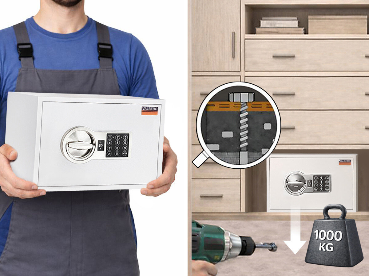 Sejf antywłamaniowy VALBERG Arsenał 25 EL, montaż, kotwy, stabilizacja, M12, 2 zdjęcia w 1 przedstawiające montaż sejfu