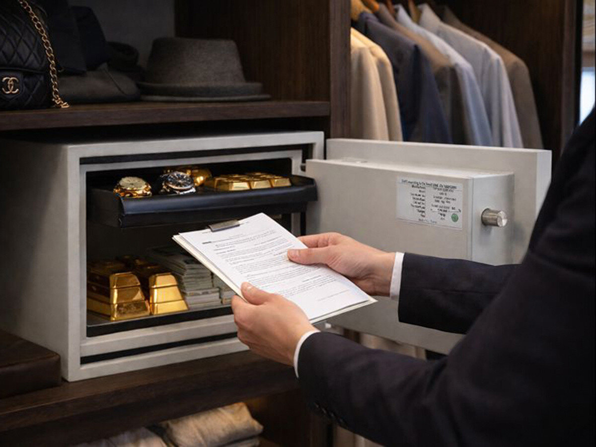 Sejf antywłamaniowy VALBERG Frs 30, wnętrze, taca, segregacja, litry, osoba wyciąga dokumenty z sejfu