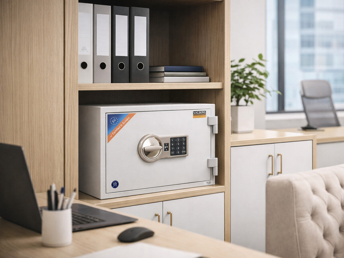 Sejf antywłamaniowy VALBERG Frs 30, kolor, szary, RAL7035, dyskrecja, sejf stoi na półce biurowej