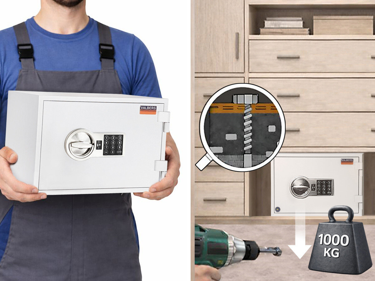 Sejf antywłamaniowy VALBERG Frs 30, montaż, 31kg, kotwienie, stabilny, 2 zdjęcia pokazujące montaż i odciąg 1 tony na sejfie