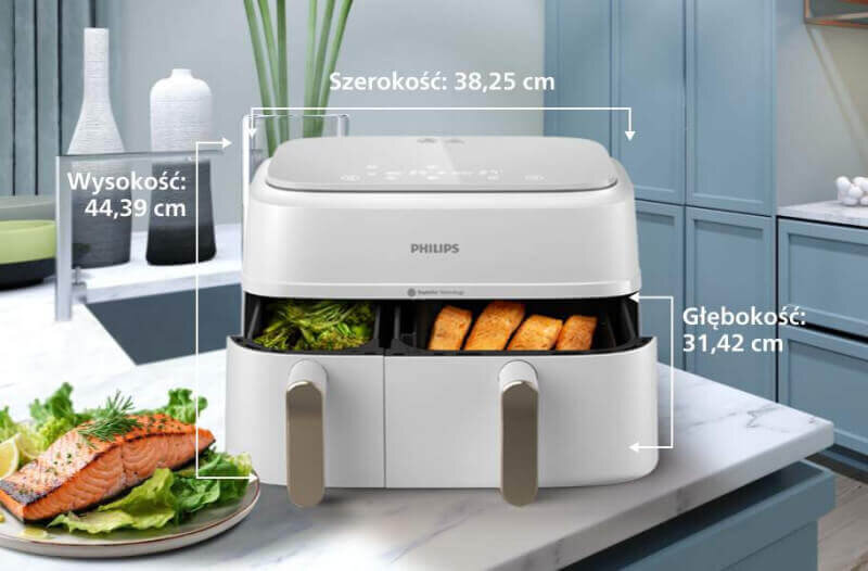 Pokazane na zdjęciu wymiary Airfryer Pokazane na zdjęciu wymiary Airfryer