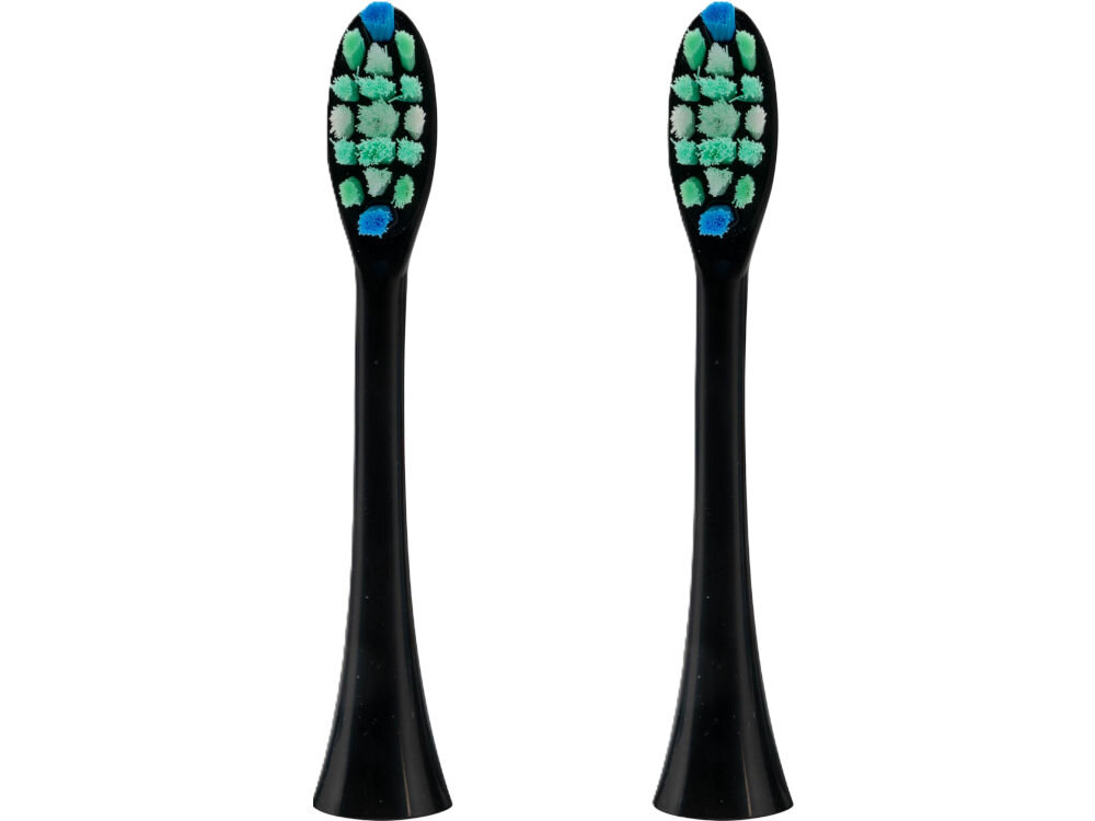 Oryginalna końcówka szczoteczki GÖTZE & JENSEN ASTH956 ze średnim włosiem 70000 wibracji na minutę efektywne usuwanie płytki nazębnej Zbliżenie na profil dwóch czarnych końcówek zamiennych do szczoteczki sonicznej z pomarańczowo-białym włosiem na białym tle.