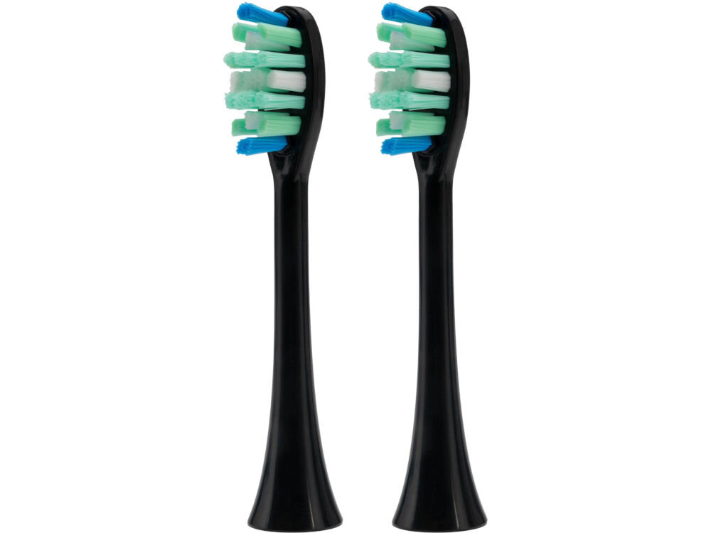 Oryginalna końcówka szczoteczki GÖTZE & JENSEN ASTH956 wymiana co 3 miesiące zalecenia dentystyczne 2 sztuki w zestawie Widok z przodu na głowice dwóch czarnych końcówek do szczoteczki sonicznej prezentujący układ kolorowych włókien