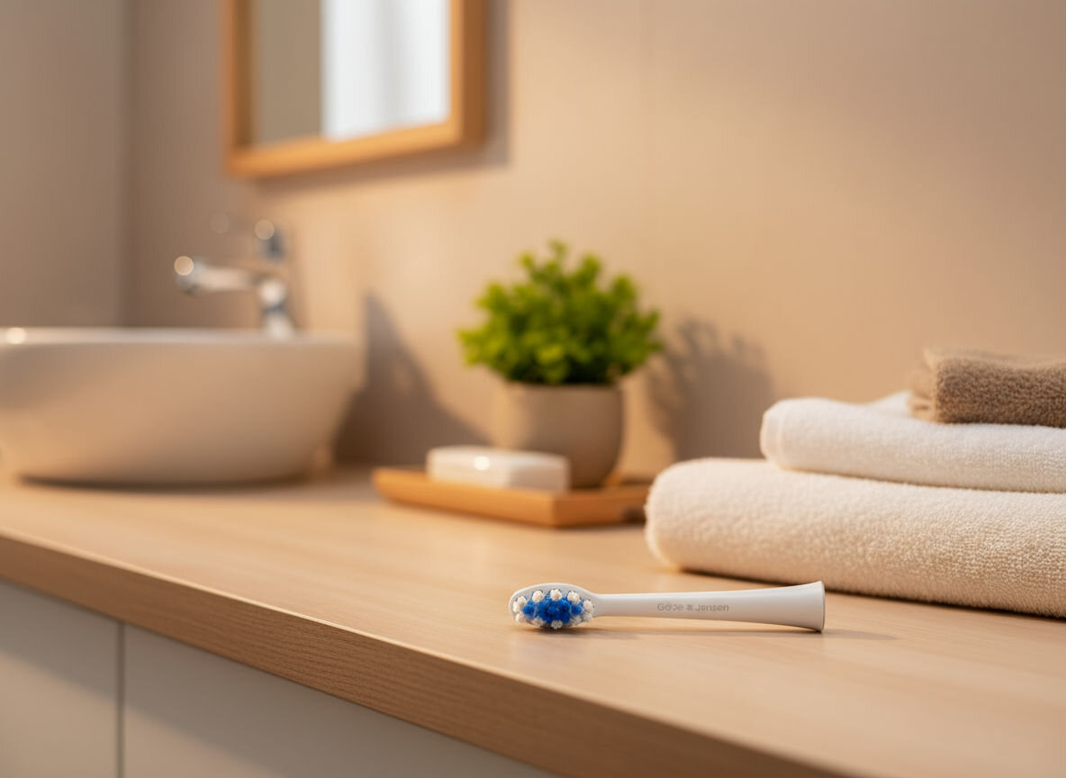 Wymienna końcówka do szczoteczki sonicznej Götze & Jensen z niebieskim włosiem, leżąca na jasnym, drewnianym blacie łazienkowym. W tle widoczny jest stos białych ręczników, umywalka i roślina doniczkowa.