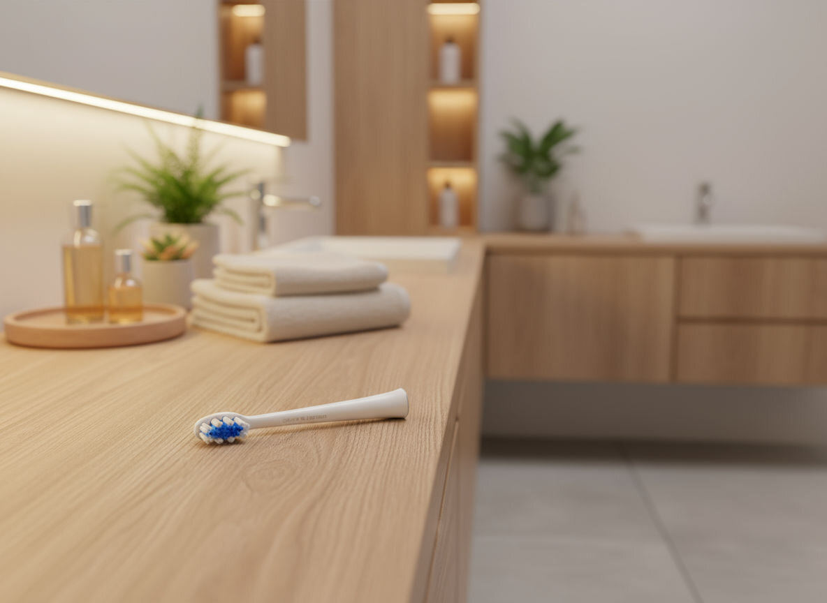 Wymienna końcówka do szczoteczki sonicznej Götze & Jensen z niebieskim włosiem, leżąca na jasnym, drewnianym blacie łazienkowym. Tło jest rozmyte, ale widać nowoczesną łazienkę z drewnianymi szafkami i podświetlanym lustrem.
