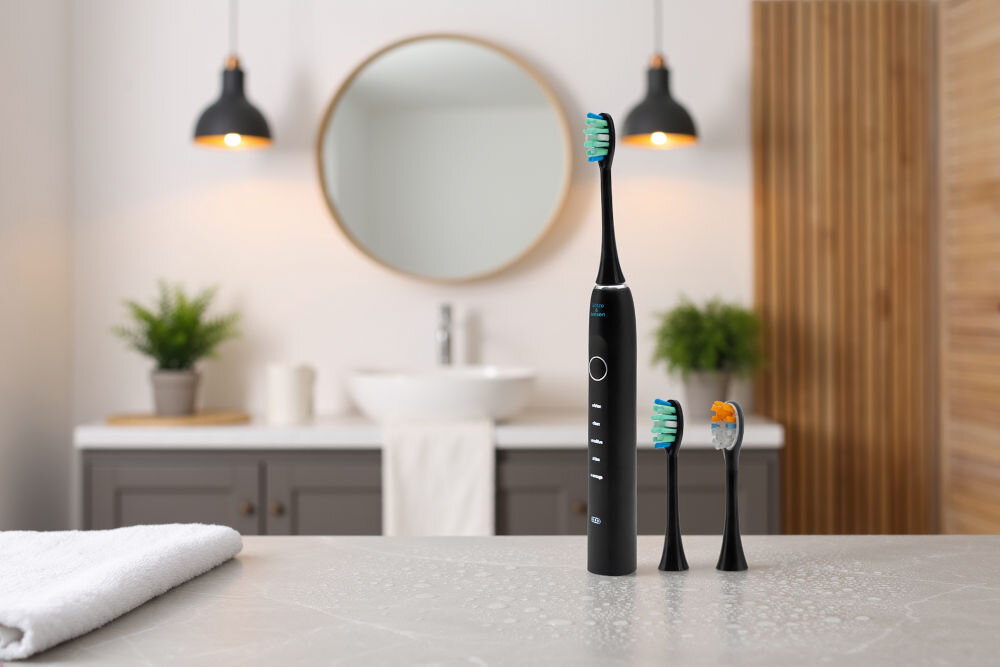 Szczoteczka soniczna GÖTZE & JENSEN ST955 z etui sterylizującym UV i końcówkami technologia 70000 drgań na minutę Czarna szczoteczka soniczna Götze & Jensen z wymiennymi końcówkami na tle nowoczesnej łazienki.