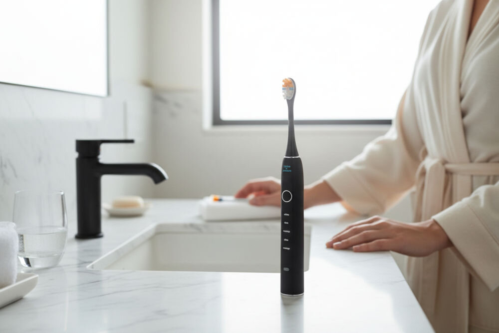 Szczoteczka soniczna GÖTZE & JENSEN ST955 wodoodporność IPX8 zanurzenie w wodzie prysznic zakres temperatury 4-50 stopni Szczoteczka soniczna Götze & Jensen ST955 stojąca na marmurowym blacie łazienkowym przy umywalce.