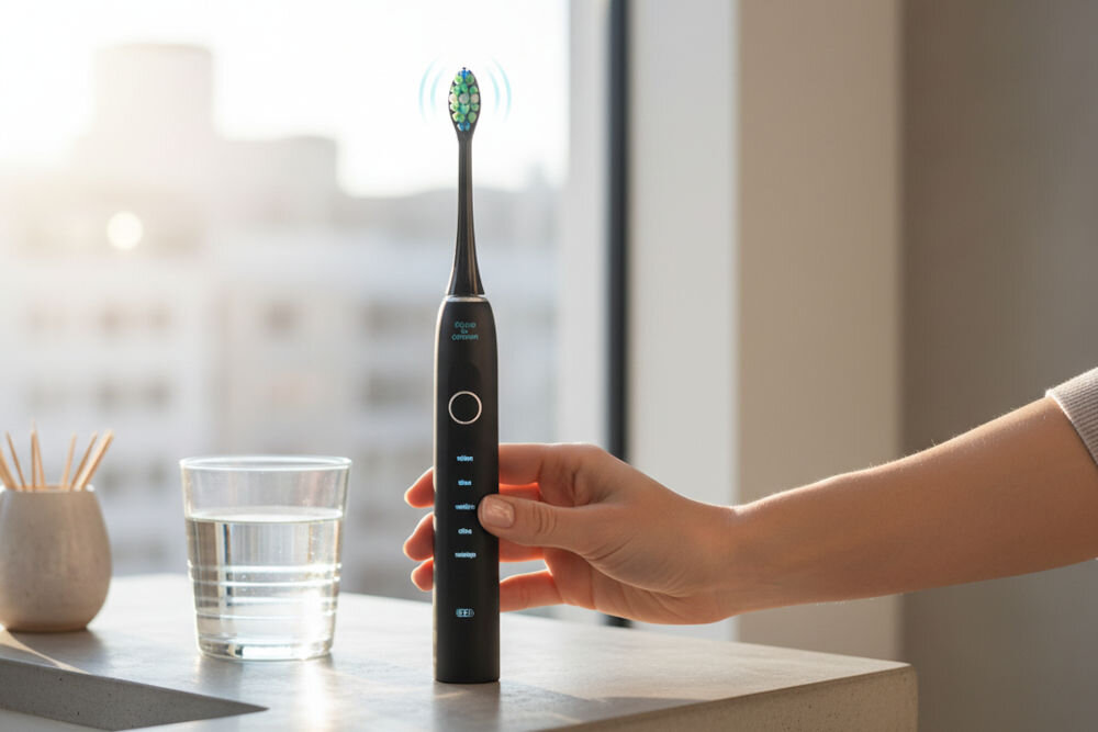 Szczoteczka soniczna GÖTZE & JENSEN ST955 5 trybów pracy White Clean Sensitive Shine Massage czujnik nacisku dziąseł Zbliżenie na dłoń trzymającą szczoteczkę soniczną Götze & Jensen z podświetlonymi trybami pracy.