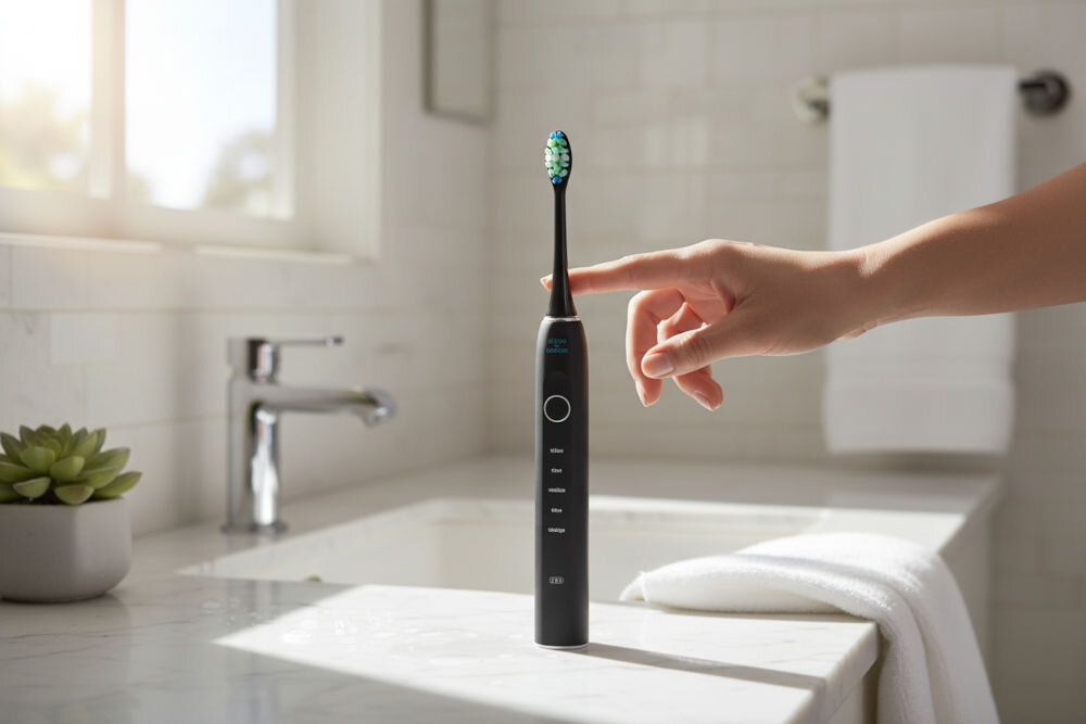 Szczoteczka soniczna GÖTZE & JENSEN ST955 ładowanie USB-C uniwersalny kabel złącze 5V 1A powerbank laptop samochód Szczoteczka soniczna Götze & Jensen ST955 z końcówką czyszczącą na jasnym blacie przy oknie.