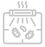 Ikona przedstawia stylizowany obrazek bakterii pod lampą UV z trzema falami ciepła nad lampą. Całość jest w kolorze białym na czarnym tle.