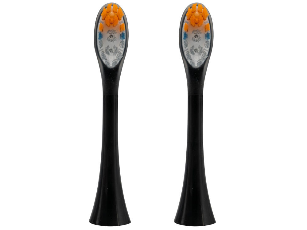 Oryginalna końcówka szczoteczki GÖTZE & JENSEN ASTH957 wymiana co 3 miesiące zalecenia dentystyczne 2 sztuki w zestawie Widok z przodu na głowice dwóch czarnych końcówek do szczoteczki sonicznej prezentujący układ kolorowych włókien